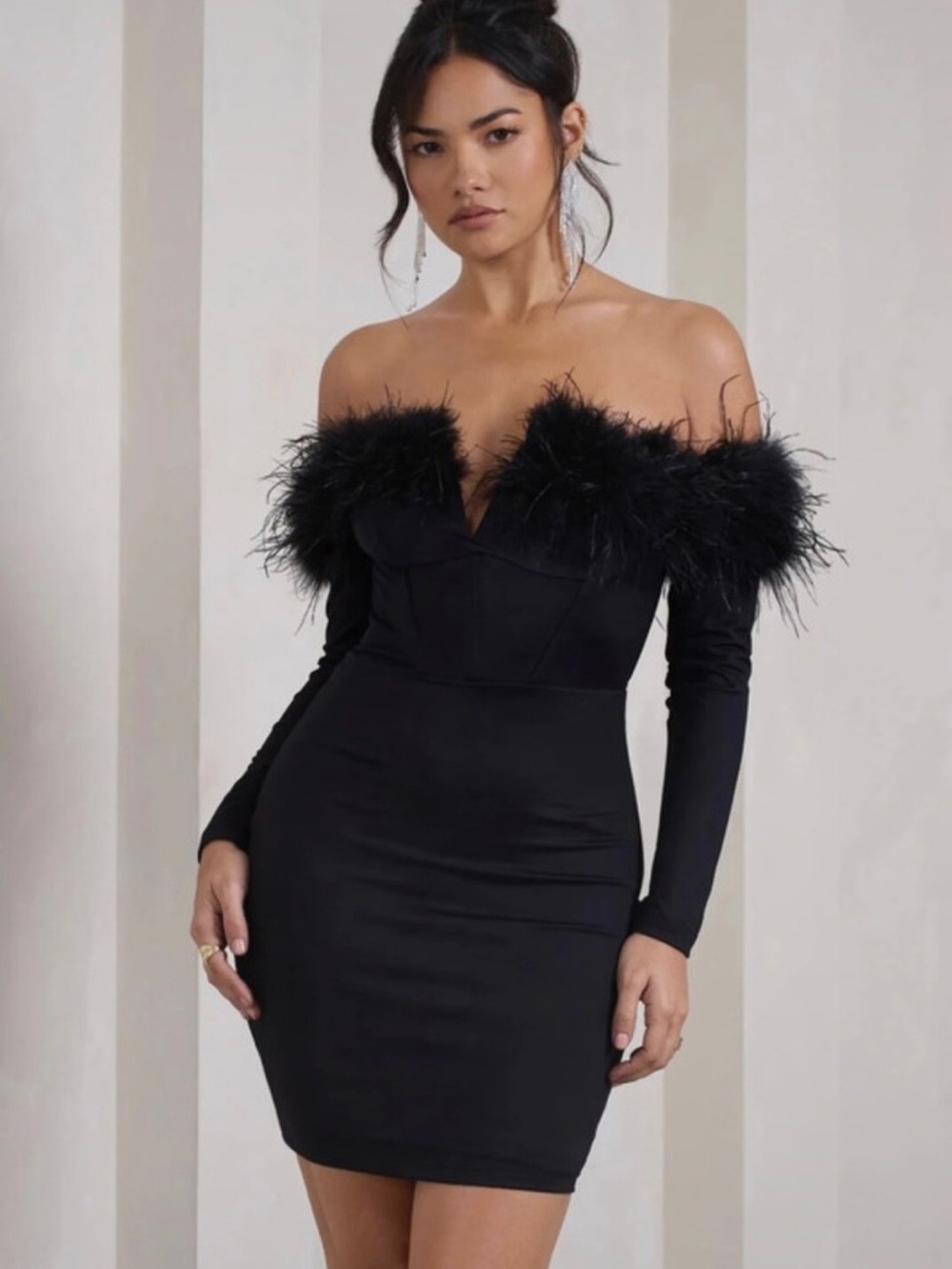 Club L London Black Off-Shoulder Feather Trim Mini Dress